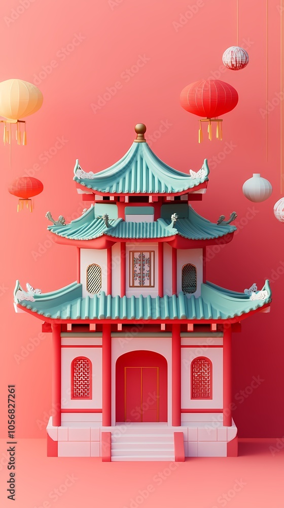 Obraz premium Traditional Chinese 3d ancient building illustration poster background