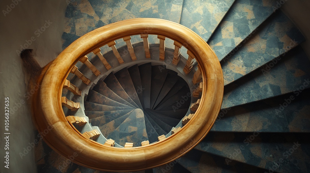 Obraz premium Artistic spiral staircase with rich wooden railing and classic blue flooring : Generative AI