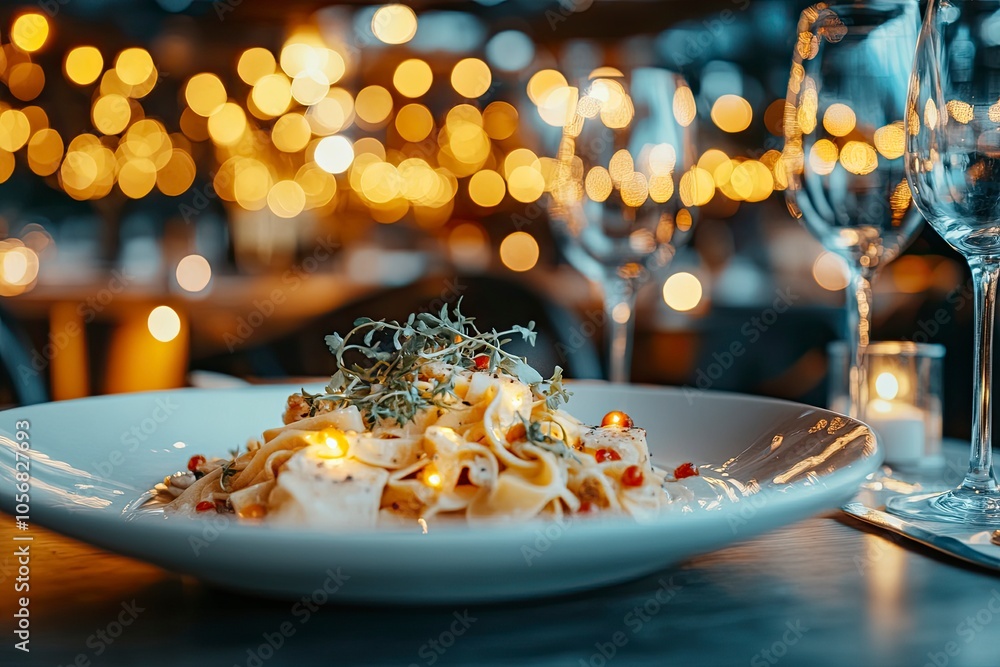 close up of food on table in restaurant, background with blurred glasses and dark wooden furniture . beautiful luxury dish full of delicious modern shot to the left of plate, with lights. generative a close up of food on table in restaurant, background with blurred glasses and dark wooden furniture . beautiful luxury dish full of delicious modern shot to the left of plate, with lights. generative a