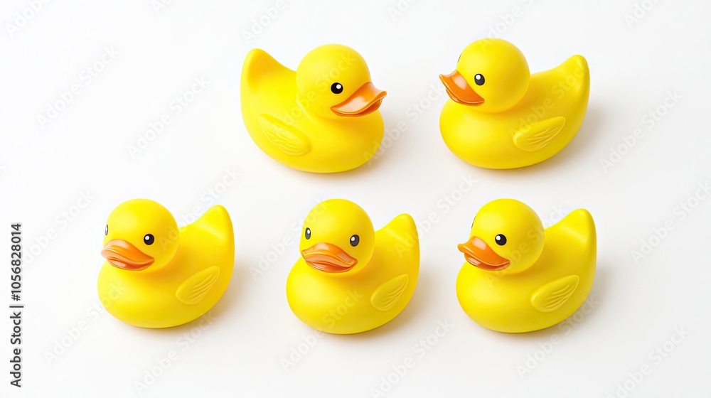 Five Cheerful Yellow Rubber Ducks Floating Together on a White Surface Generative AI Five Cheerful Yellow Rubber Ducks Floating Together on a White Surface Generative AI