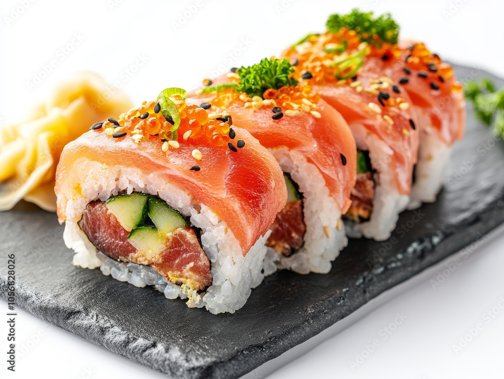 Fresh salmon sushi roll with cucumber, sesame seeds, and fish roe topping on a dark slate platter, accompanied by wasabi and pickled ginger for Japanese cuisine themes Fresh salmon sushi roll with cucumber, sesame seeds, and fish roe topping on a dark slate platter, accompanied by wasabi and pickled ginger for Japanese cuisine themes