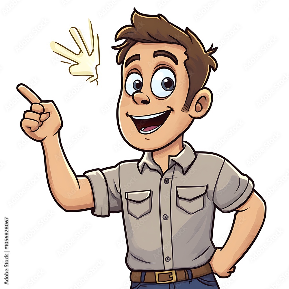 Cartoon employee pointing upwards, looking excited with an idea on a white background. Cartoon employee pointing upwards, looking excited with an idea on a white background.