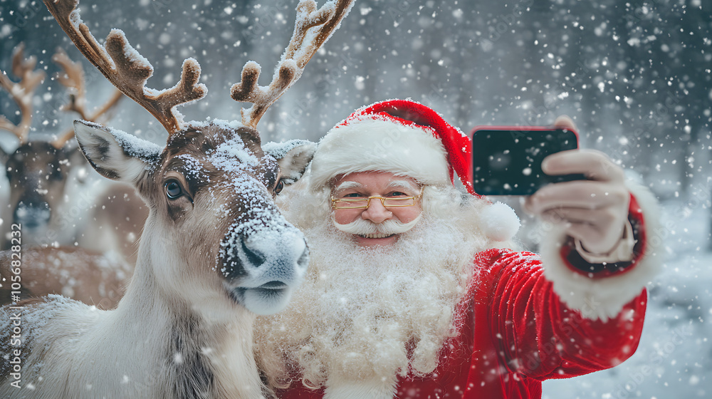 A Santa Claus taking a selfie with reindeer in a snowstorm. A Santa Claus taking a selfie with reindeer in a snowstorm.