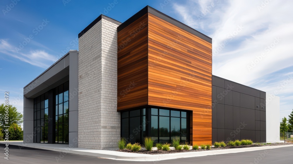 Fototapeta premium Modern Commercial Building Showcasing Clean Lines and a Sleek Aesthetic in Urban Architecture