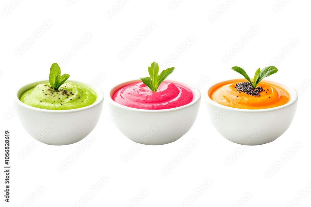 There are three vibrant bowls filled with delicious green, pink, and orange dips garnished with fresh herbs There are three vibrant bowls filled with delicious green, pink, and orange dips garnished with fresh herbs