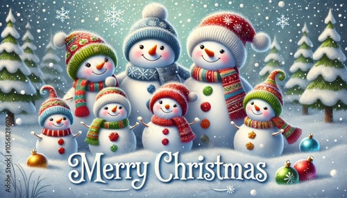 Cheerful snowman family with colorful hats, scarves, and buttons Christmas illustration