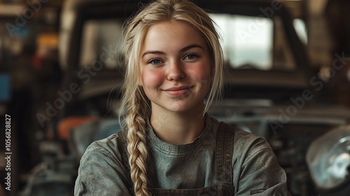Wallpaper Mural blond yound woman with braided ponytail, working as a car mechanic, sitting in front of a old car in a car repair shop, wearing a dirty worker outfit  Torontodigital.ca