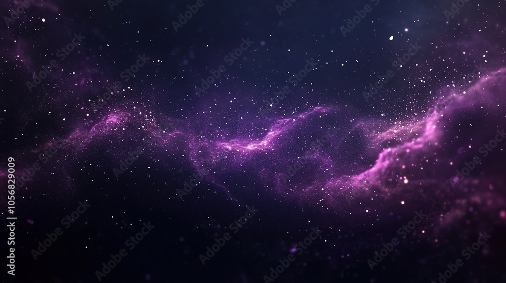 Obraz premium A mesmerizing abstract depiction of a cosmic galaxy with purple nebula clouds and scattered stars on a dark background. This ethereal scene captures the beauty and mystery of deep space.