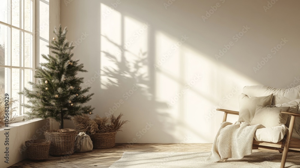 Minimalist Living Room with a Christmas Tree and a Cozy Chair Minimalist Living Room with a Christmas Tree and a Cozy Chair