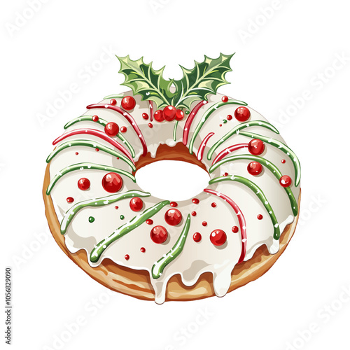Adobe Illustrator ArtworkFestive Christmas Donut with Holly Decoration. Holiday Donut with Icing and Holly Berries. Christmas Wreath Donut with Red and Green Sprinkles
