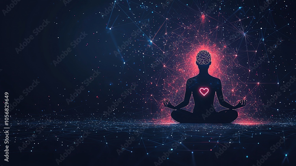 Meditating figure with glowing heart symbol Meditating figure with glowing heart symbol
