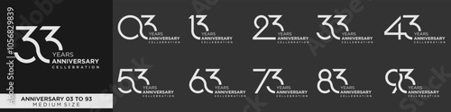 collection anniversary 13 to 93 year, creative number design vector illustration.