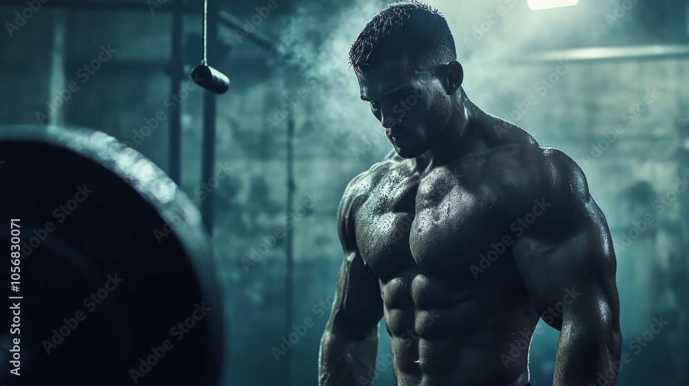 Intense Athlete in Gym Setting with Weightlifting Equipment Intense Athlete in Gym Setting with Weightlifting Equipment