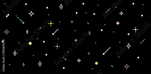 Dark starry sky background. Pixel art. Night sky texture. Sparkling star. Universe. 8 bit retro style. Black background. Game abstract pixel pattern. Mood of 90's aesthetics. Simple geometric shapes