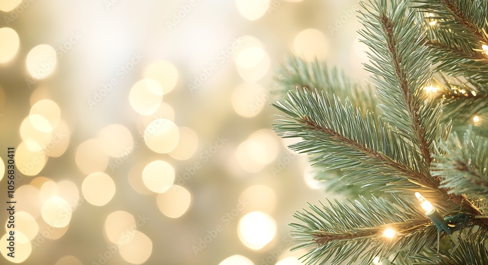 Elegant Pine Branch with Sparkling Holiday Lights and Golden Bokeh : Generative AI Elegant Pine Branch with Sparkling Holiday Lights and Golden Bokeh : Generative AI