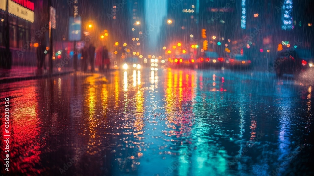 Obraz premium City Lights Reflected in Rainy Street