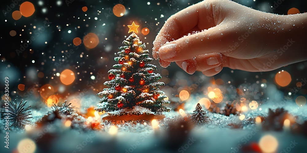 Magical Christmas Scene with a Hand Sprinkling Snow on Illuminated Mini Tree : Generative AI Magical Christmas Scene with a Hand Sprinkling Snow on Illuminated Mini Tree : Generative AI