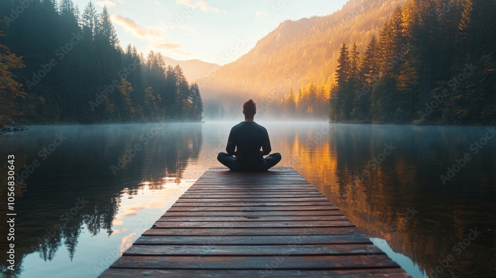 A lone figure meditates on a wooden dock overlooking a tranquil lake in a misty forest at sunrise. A lone figure meditates on a wooden dock overlooking a tranquil lake in a misty forest at sunrise.