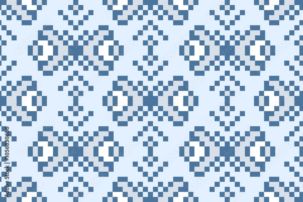 Seamless geometric pixel art pattern on light blue background design decoration for variety of fabrics illustration. Seamless geometric pixel art pattern on light blue background design decoration for variety of fabrics illustration.