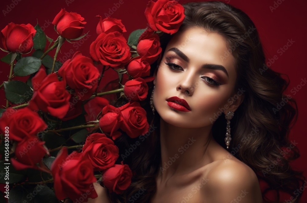 A woman beautifully poses with a bouquet of red roses against a striking red backdrop, showcasing elegance and style in a captivating moment A woman beautifully poses with a bouquet of red roses against a striking red backdrop, showcasing elegance and style in a captivating moment