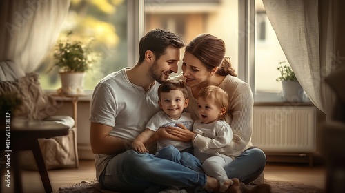 Joyful Family Moment with Laughing Parents and Children in Bright Living Room : Generative AI