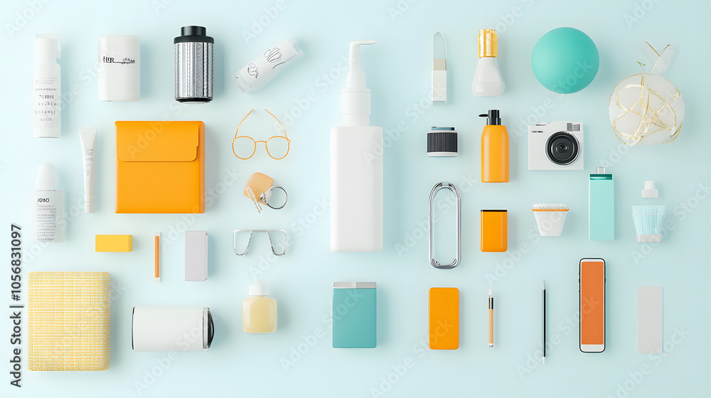 Brightly colored office and personal items arranged neatly on pastel background Brightly colored office and personal items arranged neatly on pastel background