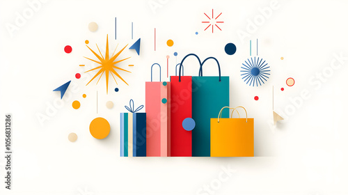Colorful shopping bags and festive elements create joyful atmosphere