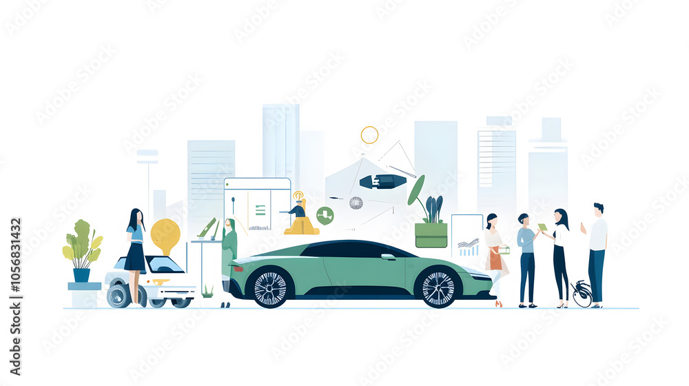 Innovative car design with people discussing features and technology Innovative car design with people discussing features and technology