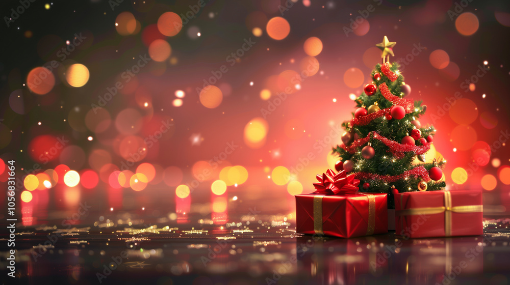 Red Merry Christmas and happy new year with xmas tree and gift box at blur bokeh light background. Red Merry Christmas and happy new year with xmas tree and gift box at blur bokeh light background.