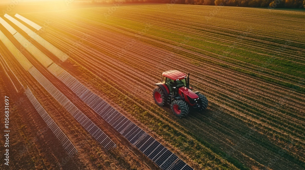 Tractor on a Field with Solar Panels Tractor on a Field with Solar Panels