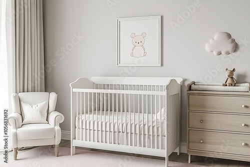 Minimalist White Nursery with Subtle Pastel Touches for a Tranquil Baby Space : Generative AI