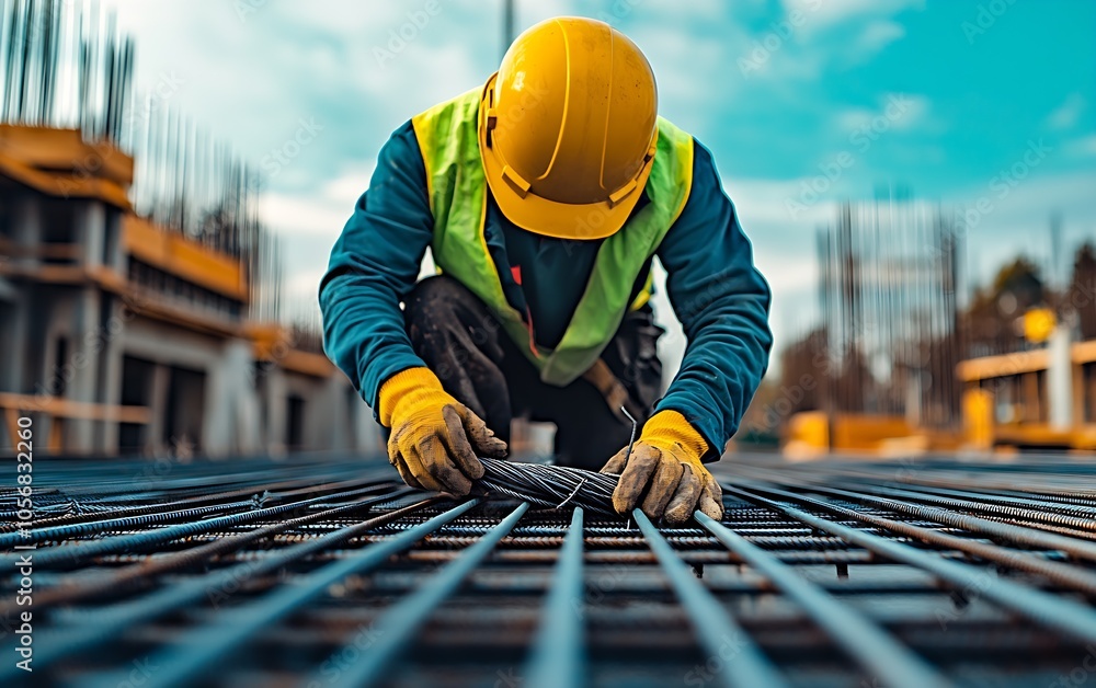 Construction Worker Wearing Safety Gear Securing Steel Rebar on Site : Generative AI Construction Worker Wearing Safety Gear Securing Steel Rebar on Site : Generative AI