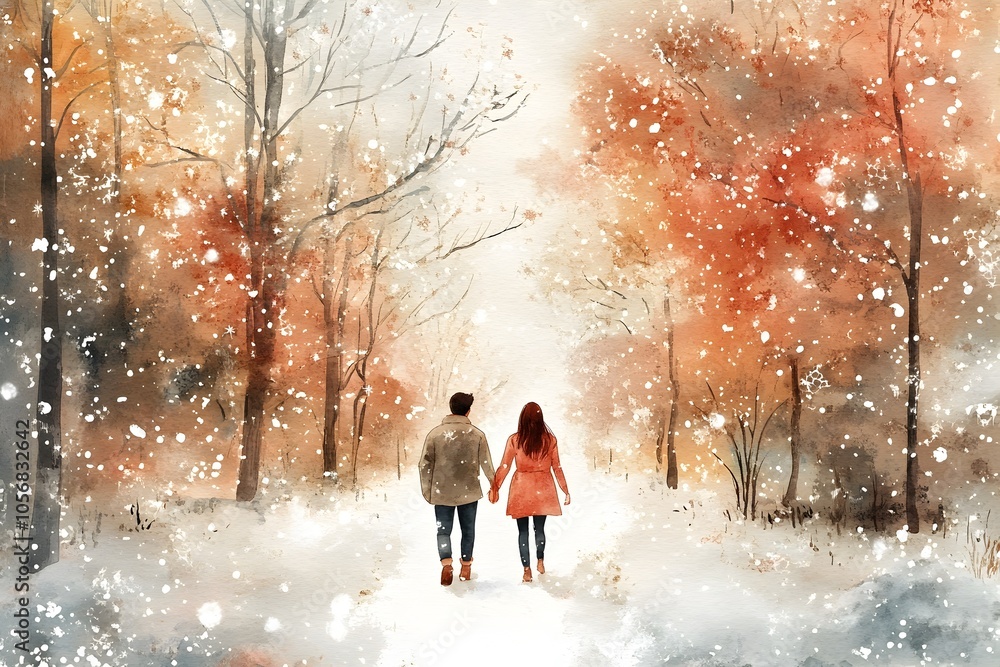 Couple Walking Through Snow Covered Enchanted Forest in Cozy Winter Wonderland Couple Walking Through Snow Covered Enchanted Forest in Cozy Winter Wonderland