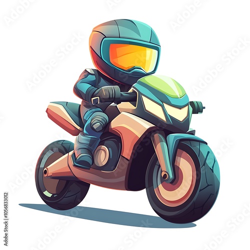 A cartoon motorcycle with a fun design and a helmet-wearing rider on a white background.