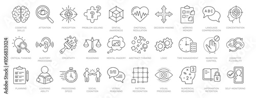 Cognitive Skills line icon set. Vector pictograms of attention, perception, problem-solving, creativity, reasoning, emotional regulation, concentration, personal development thin linear illustration.