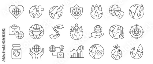 Global Health, Medical Care line icon set. Vector pictograms of worldwide healthcare, support, wellness initiatives, vaccination thin linear illustration.