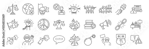 Political Extremism, Civil Unrest line icon set. Vector pictograms of protest, rebellion, societal conflicts, propaganda, Molotov cocktail, political prisoner thin linear illustration.
