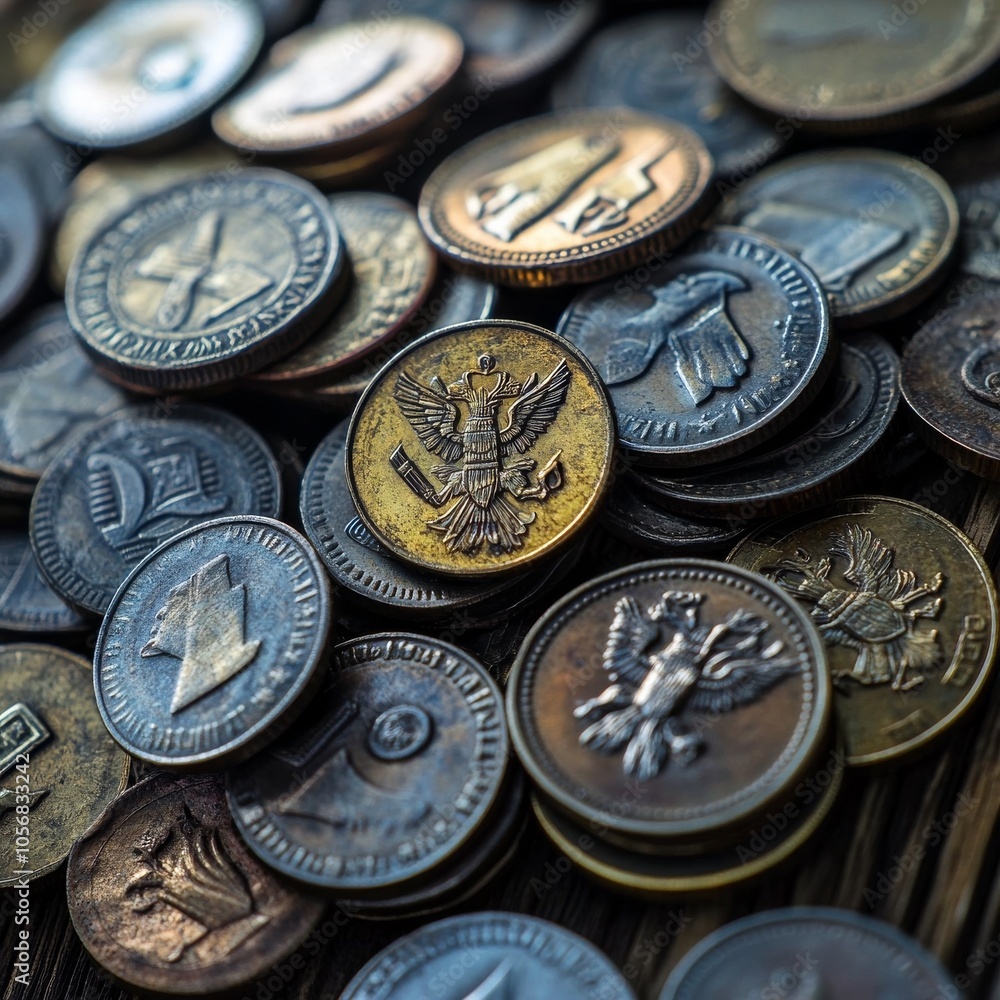 Ukrainian coins pile on wood Ukrainian coins pile on wood