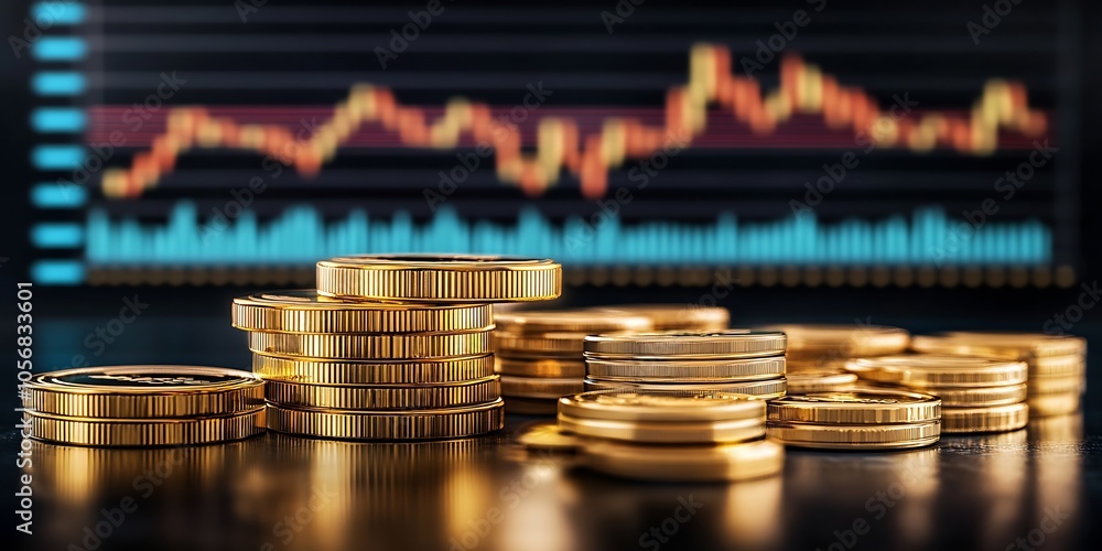 Close Up of Gold Coins Piled Against Dynamic Stock Chart : Generative AI Close Up of Gold Coins Piled Against Dynamic Stock Chart : Generative AI