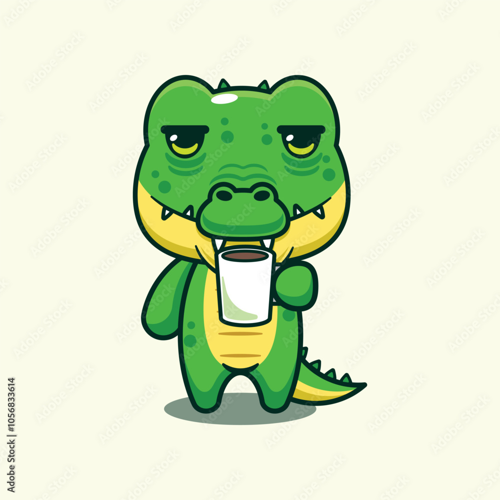 Fototapeta premium Crocodile sleepy drinking coffee cartoon vector illustration