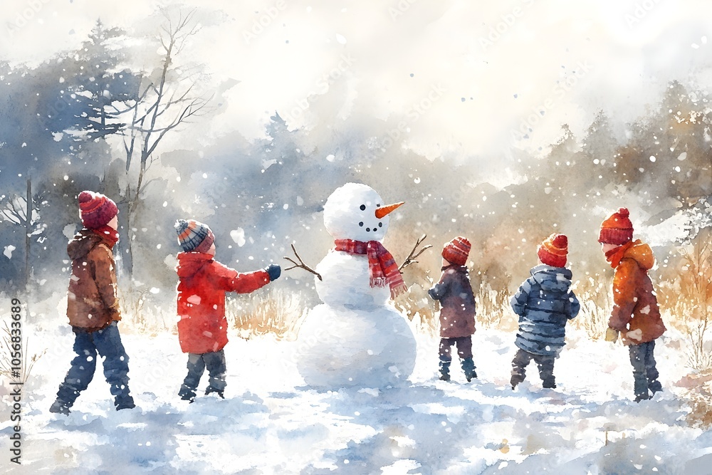 Joyful Children Building Snowman in Snowy Field Whimsical Winter Joyful Children Building Snowman in Snowy Field Whimsical Winter