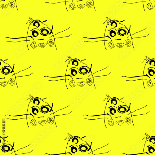 Cute green alien monster sketch seamless pattern. Childish primitive drawing. Scary art. Picture painted by a kid. A poster on the wall