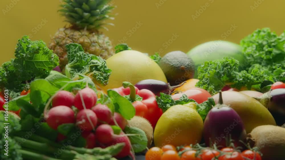 Assortment of fruits and vegetables. Healthy diet concept. Slow motion, dolly shot. Assortment of fruits and vegetables. Healthy diet concept. Slow motion, dolly shot.