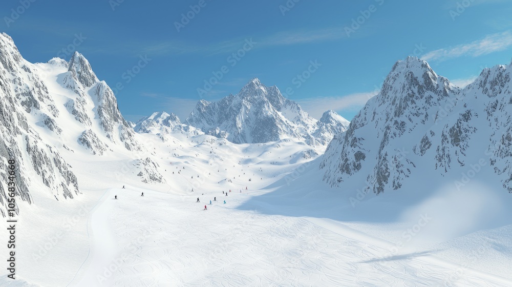 Epic Winter Sports Adventure - Skiers Descending Stunning Mountain Range, Thrilling Outdoor Recreation and Beauty of Snowy Landscape Epic Winter Sports Adventure - Skiers Descending Stunning Mountain Range, Thrilling Outdoor Recreation and Beauty of Snowy Landscape