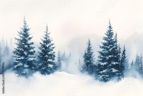 Serene Snowcapped Pine Forest Landscape in Watercolor Style