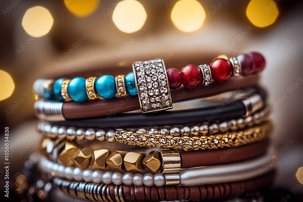 Elegant Stack of Beaded and Metal Bracelets with Sparkling Jewels Against Bokeh Background : Generative AI Elegant Stack of Beaded and Metal Bracelets with Sparkling Jewels Against Bokeh Background : Generative AI