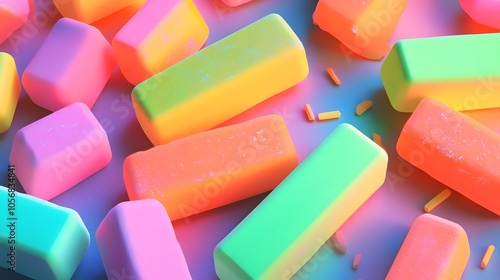 78. Close-up of a small collection of neon erasers, showing signs of use, photographed with soft vintage tones photo