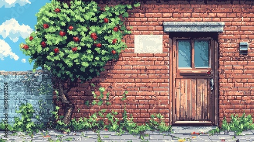 Retro Pixel Art Background with Brick Wall and Tree