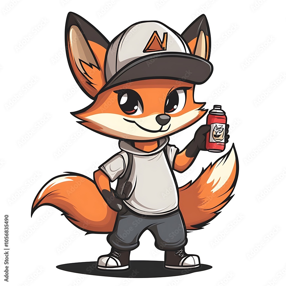 Cartoon fox wearing a sideways cap and holding a spray can on a white background. Cartoon fox wearing a sideways cap and holding a spray can on a white background.