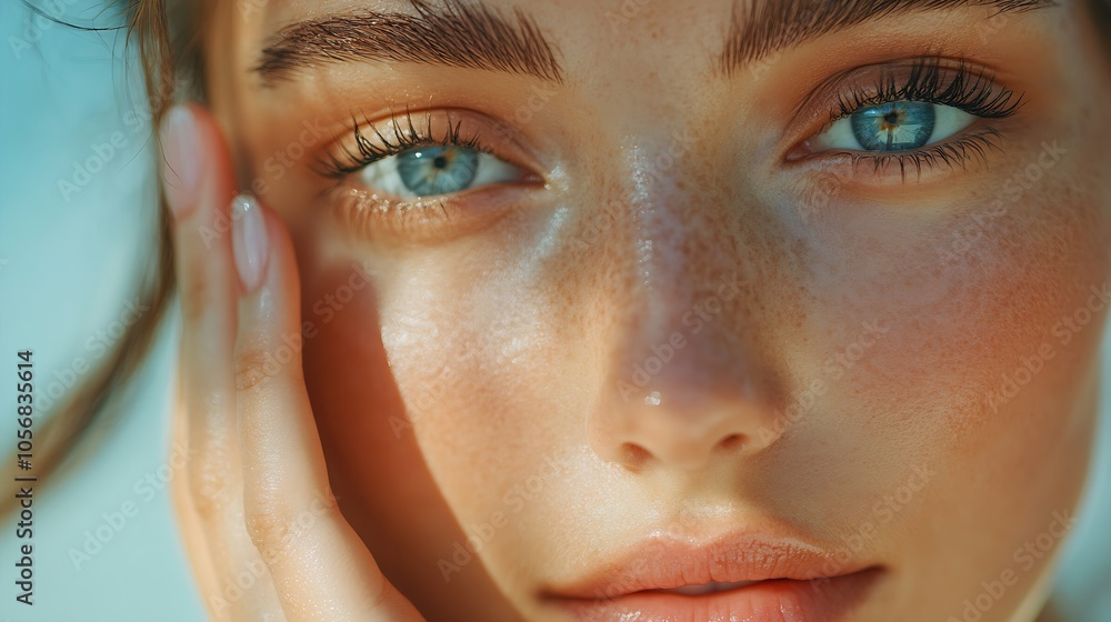 Close-Up of Sparkling Blue Eyes and Natural Freckles Face Beauty : Generative AI Close-Up of Sparkling Blue Eyes and Natural Freckles Face Beauty : Generative AI